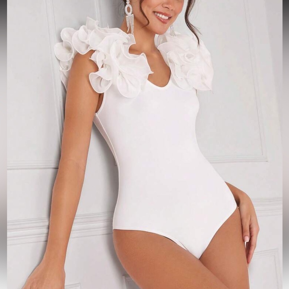 Elegant White Ruffle Bodysuit